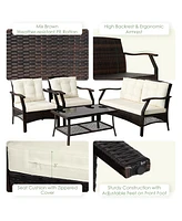 Gymax 4PCS Rattan Patio Conversation Furniture Set Wicker Sofa Set w/ Waterproof Cover
