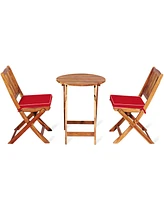 Gymax 3PCS Folding Acacia Wood Bistro Set Patio Conversation Set w/ Red Cushions