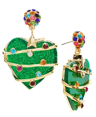 Holiday Lane Gold-Tone Multicolor Pave Glitter Heart Drop Earrings, Created for Macy's