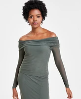 Bar Iii Women's Mesh Off-The-Shoulder Long-Sleeve Top, Created for Macy's