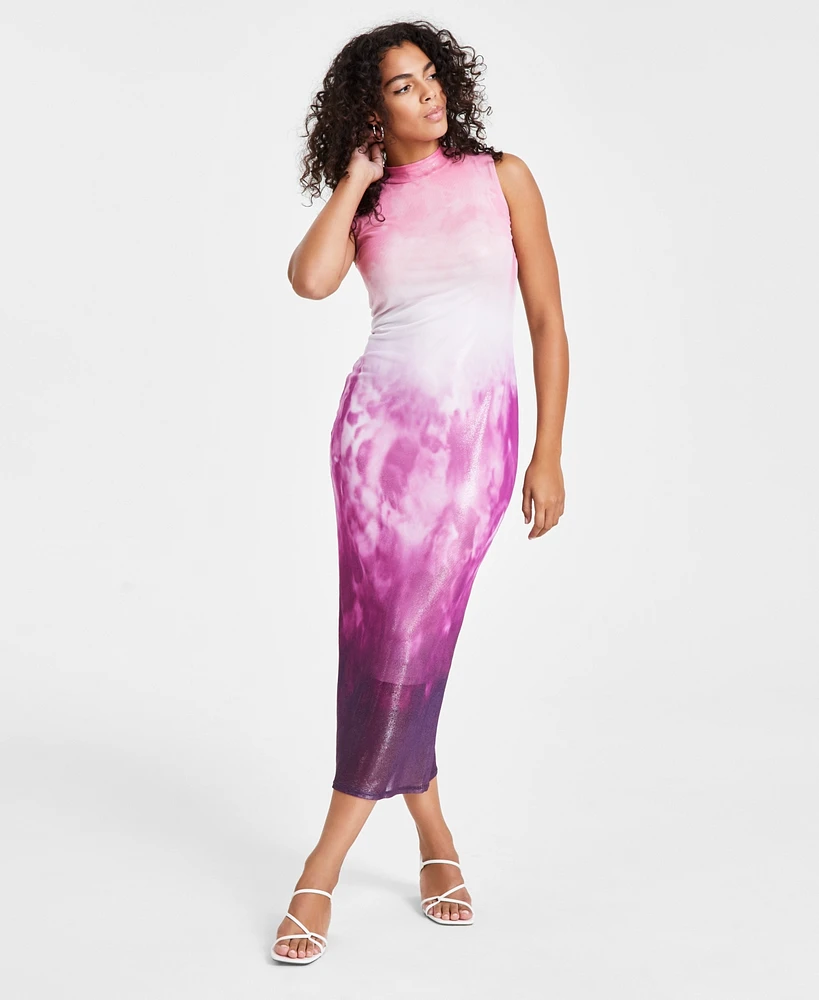 Bar Iii Women's Ombre Foil Mesh Mock Neck Midi Dress, Created for Macy's