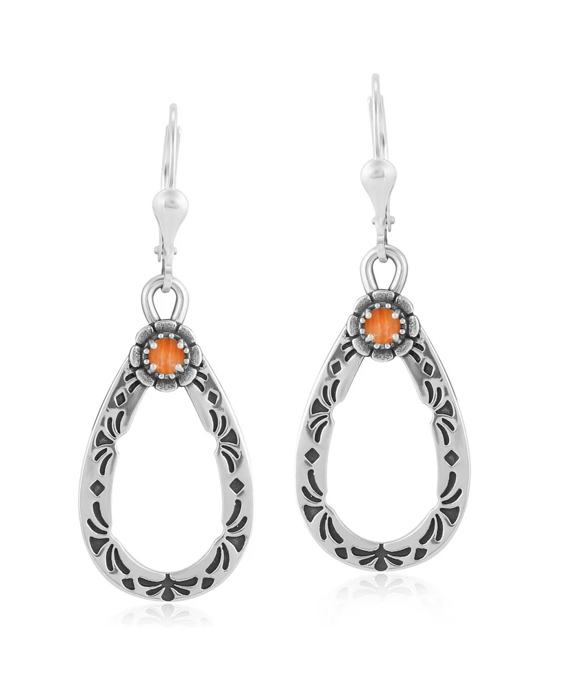 American West Jewelry Sterling Silver Orange Spiny Oyster Gemstone Pear Shaped Lever Back Earrings