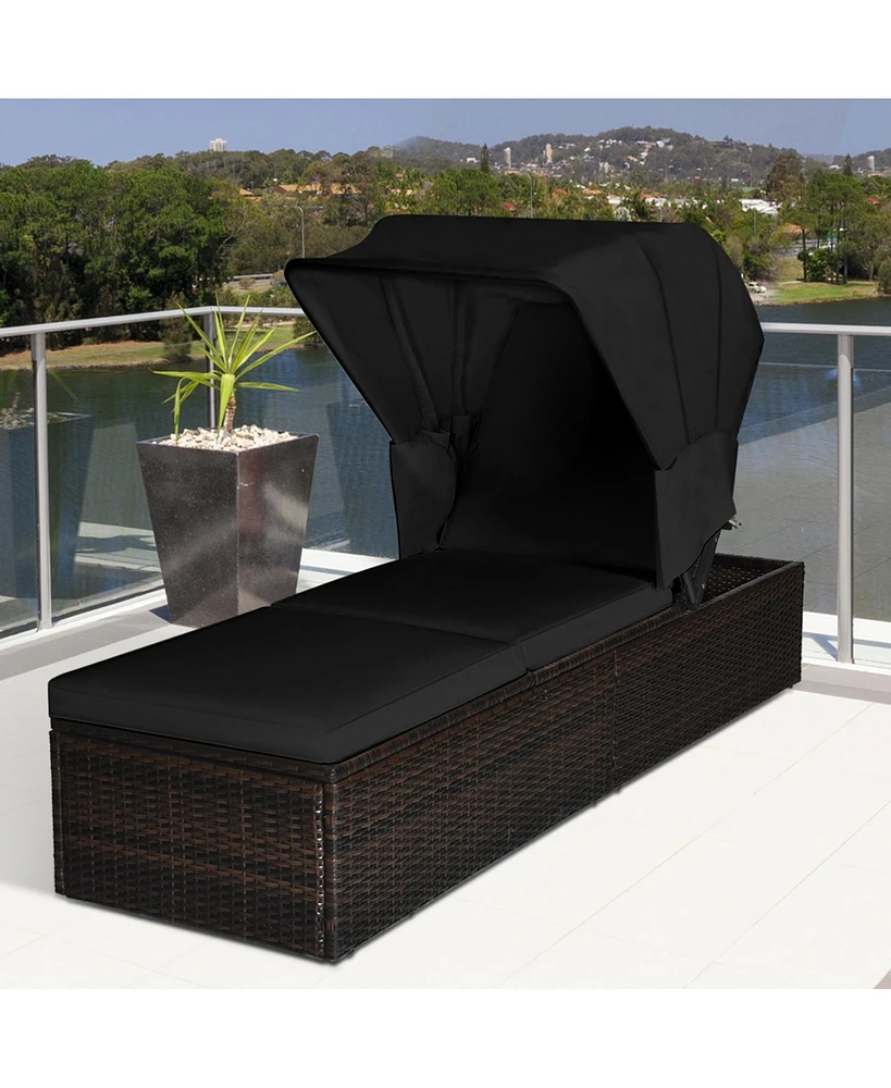 Gymax Rattan Patio Chaise Lounge Chair W/ Adjustable Canopy Black Cushion