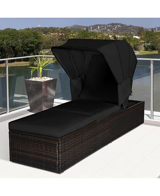 Gymax Rattan Patio Chaise Lounge Chair W/ Adjustable Canopy Black Cushion