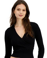 Ultra Flirt Juniors' Cable-Knit Surplice Cropped Sweater