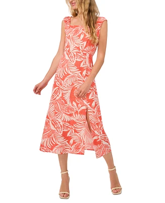 CeCe Women's Tropical-Print Ruched-Strap Side-Slit Square-Neck Linen Midi Dress