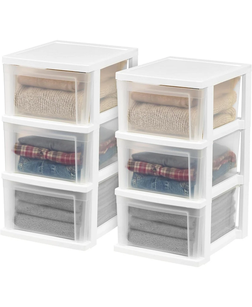 Iris Usa 3-Drawer Plastic Storage Dresser, 2-Pack, Standing Organizer Storage Container Bin with Drawers for Clothes Crafts Classroom, White/Clear