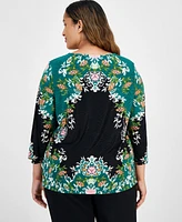 Jm Collection Plus 3/4-Sleeve Blooming Jacquard Top, Created for Macy's