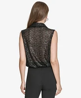 Halston Women's Sequin Twist-Front Collared Top