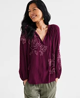 Style & Co Women's Embroidered Popover Peasant Top, Created for Macy's