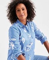 Style & Co Women's Cotton Floral Striped Perfect Shirt, Created for Macy's