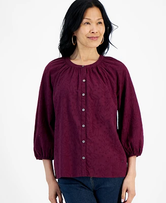 Style & Co Women's Floral Embroidered Button Peasant Top, Created for Macy's