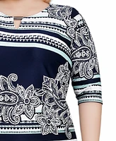 Ny Collection Plus Size Elbow Sleeve Border Print Dress