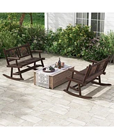 Costway 2 Pcs Patio Rocking Bench Carbonized Wood Double Rocker Chair with Ergonomic Seat
