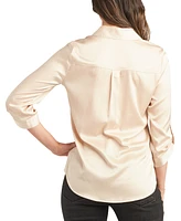 Bcx Juniors' Satin Roll-Tab-Sleeve Button-Down Blouse