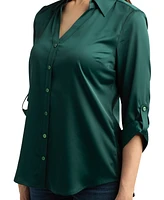 Bcx Juniors' Satin Roll-Tab-Sleeve Button-Down Blouse