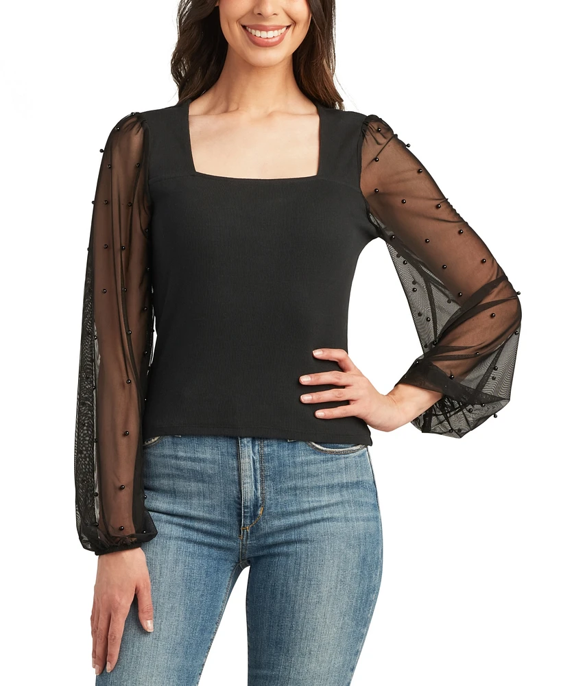 Bcx Juniors' Square-Neck Beaded Balloon-Sleeve Top