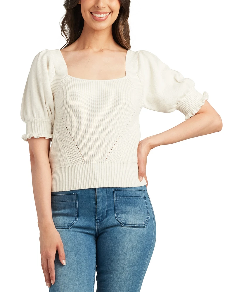 Bcx Junior's Rib-Knit Square-Neck Puff-Sleeve Sweater