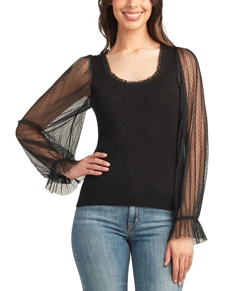 Bcx Juniors' Mixed-Media Sheer Clip-Dot Sleeve Top