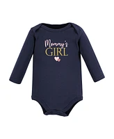 Hudson Baby Girls Cotton Long-Sleeve Bodysuits Mommy Pink Navy 3-Pack