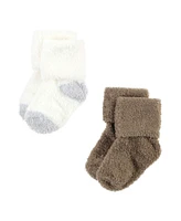 Hudson Baby Boys Cozy Chenille Newborn and Terry Socks, Gray Taupe Stripe, 0-6 Months