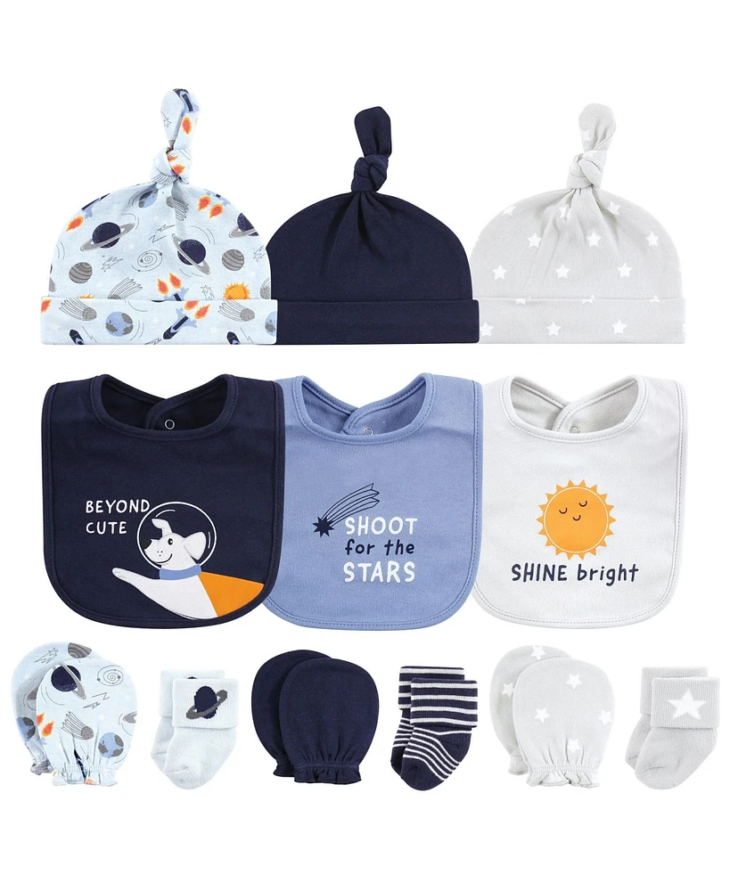 Hudson Baby Baby Boys Caps or Headbands, Bibs, Mittens and Socks 12pc Set, Space, 0-6 Months