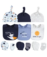 Hudson Baby Baby Boys Caps or Headbands, Bibs, Mittens and Socks 12pc Set, Space, 0-6 Months