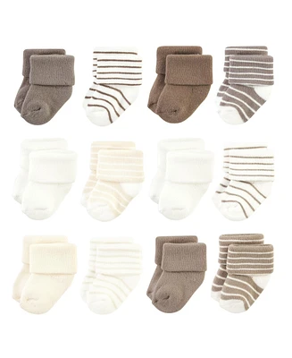 Hudson Baby Boys Cotton Rich Newborn and Terry Socks, Beige Stripe 12 Pack, 6-12 Months