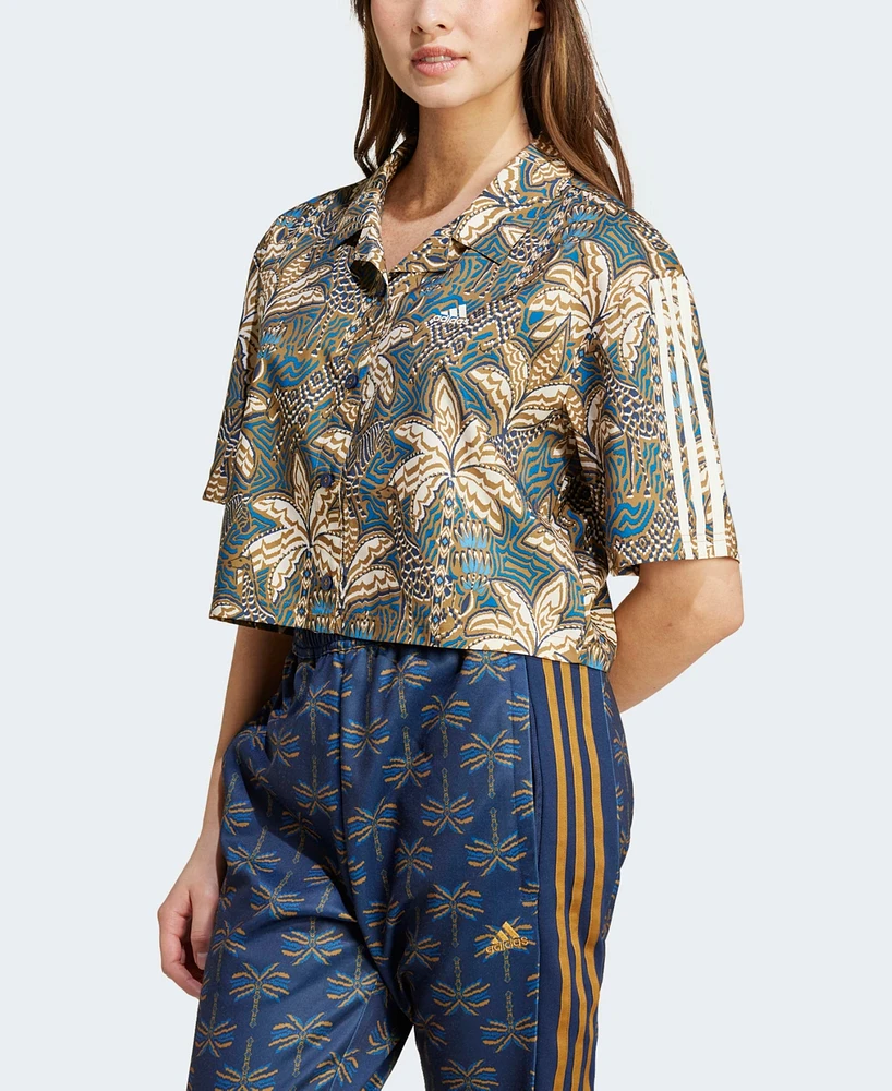 Adidas Women's Farm Rio Printed Cropped Button Down Shirt