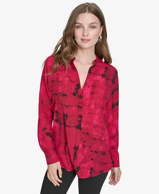 Halston Women's Printed Mandarin-Collar Button-Up Blouse