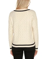 Belldini Women's Black Label Embellished Cabled V-Neck Sweater