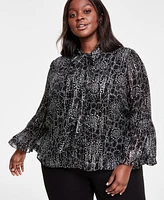 Vince Camuto Plus Printed Tie-Neck Blouse