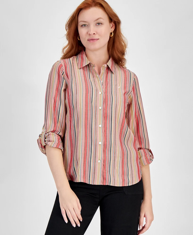 Nautica Jeans Women's Glint Stripe Roll-Tab Button-Up Shirt