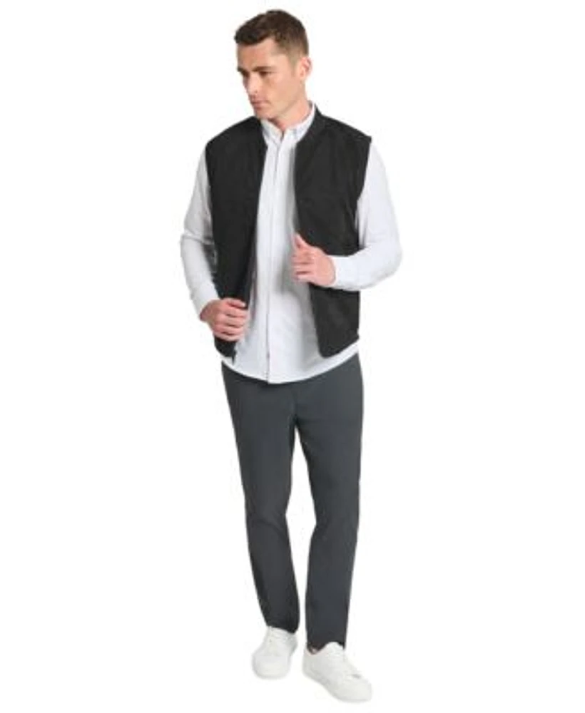 Kenneth Cole Mens Reversible Vest Slim Tech Pants Slim Plain White Performance Long Sleeve Button Down Shirt