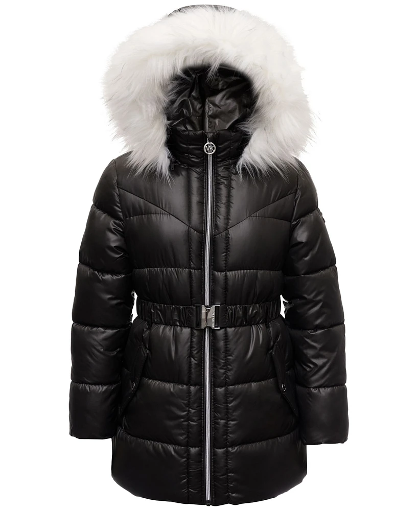 Michael Kors Big Girls Belted Stadium Puffer Jacket with Faux-Fur Trim