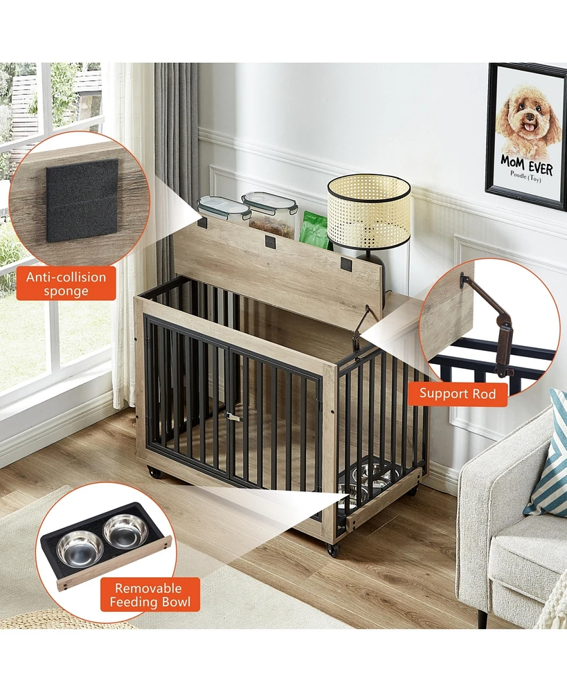 Streamdale Furniture 7-In-1 Dog Crate Side Table with Adjustable Bowl, Easy Access Top Opening