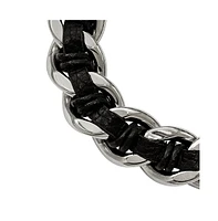 Chisel Stainless Steel Dragon Head Curb Chain Black Leather Bracelet