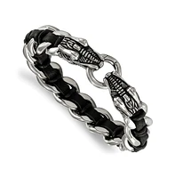 Chisel Stainless Steel Dragon Head Curb Chain Black Leather Bracelet