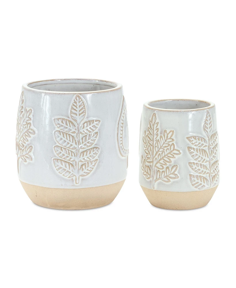 Slickblue Two Tone Porcelain Planter With Leaf Design (Set of 2)