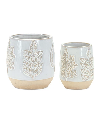 Slickblue Two Tone Porcelain Planter With Leaf Design (Set of 2)