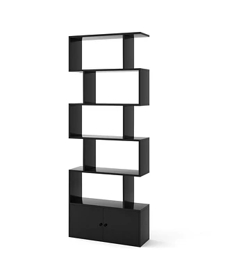 Slickblue 6-Tier S-Shaped Freestanding Bookshelf with Cabinet and Doors