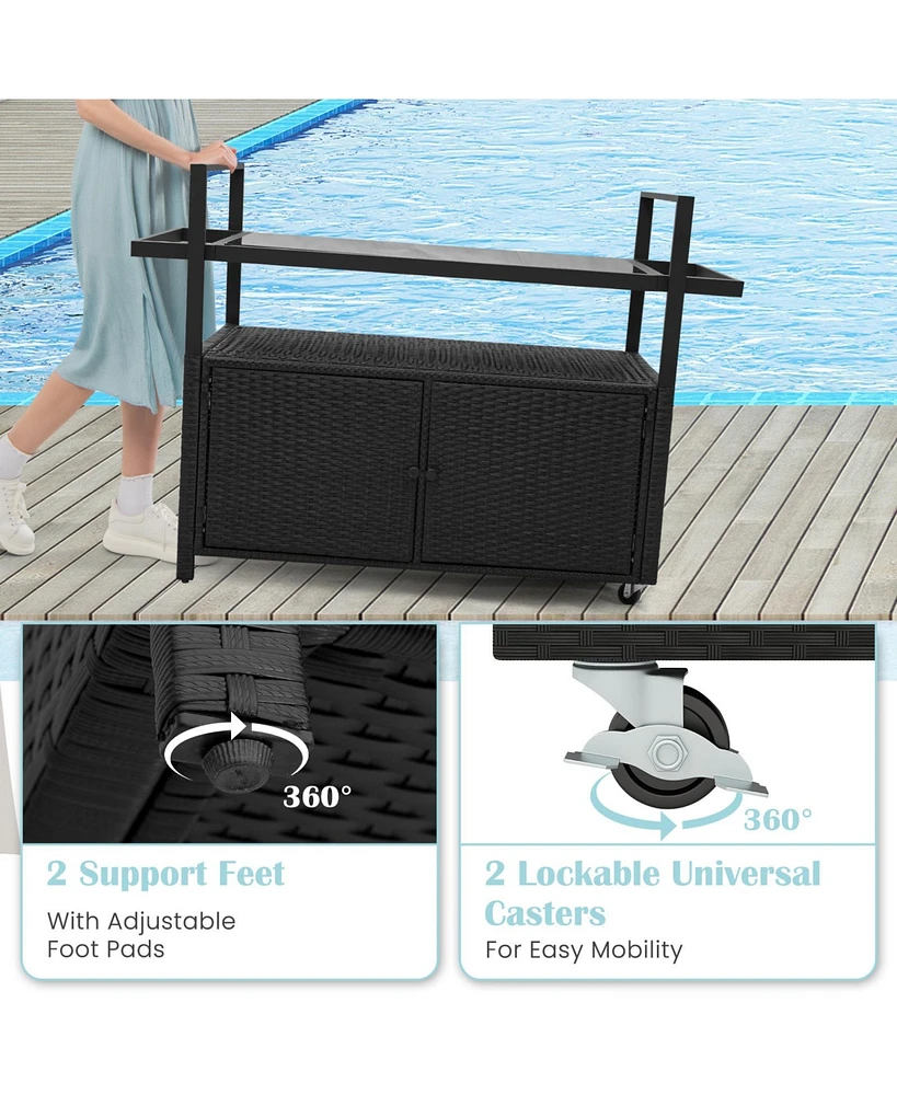 Slickblue Rolling Wicker Outdoor Bar Cart with Tempered Glass Top, Storage Cabinet, and Hooks