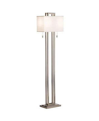 Possini Euro Design Modern Standing Floor Lamp Double Tier 62" Tall Brushed Nickel Silver Openwork Rectangular Off White Fabric Shade Decor for Living