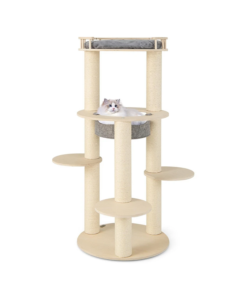 Slickblue 5-level Wooden Cat Tree with Padded Perch Non-woven Hammock-Grey