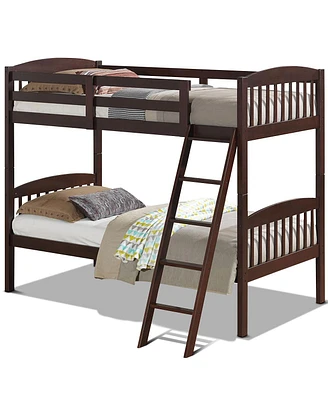 Sugift Hardwood Twin Bunk Bed Frames with Inclined Ladder and Safety Guardrails