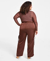 Nina Parker Trendy Plus Size Sheer Mesh Top Straight Leg Cargo Pants