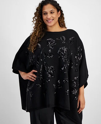 Anne Klein Plus Floral Sequined Poncho Sweater