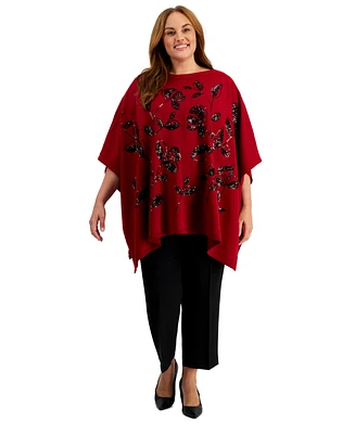 Anne Klein Plus Floral Sequined Poncho Sweater