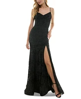 City Studios Juniors' Flocked Glitter Mesh Ruched Corset Gown