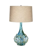 Possini Euro Design Kenya Modern Tropical Table Lamp with Dimmer 29 1/2" Tall Blue Green Glaze Ceramic Beige Linen Drum Shade for Bedroom Living Room